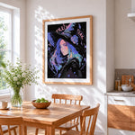 Neon blue-haired witch cross stitch artwork displayed on wall as home decor