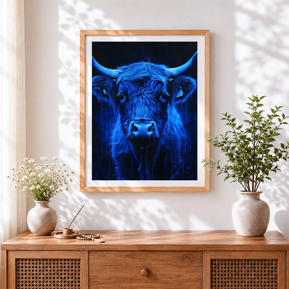 Finished neon blue highland cow paint by numbers artwork displayed as home decor
