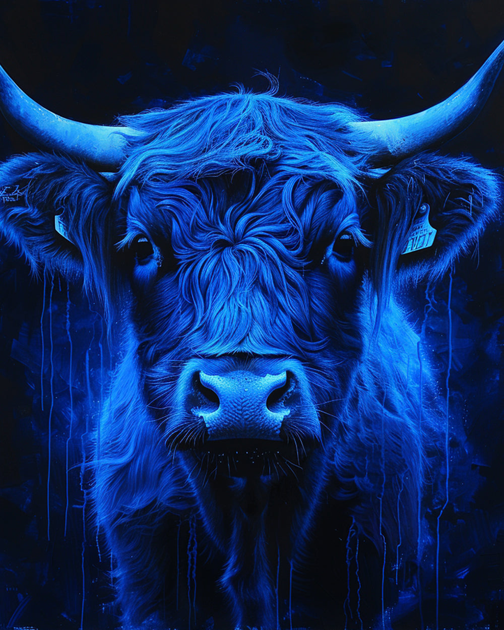 Neon blue highland cow paint by numbers kit for beginners