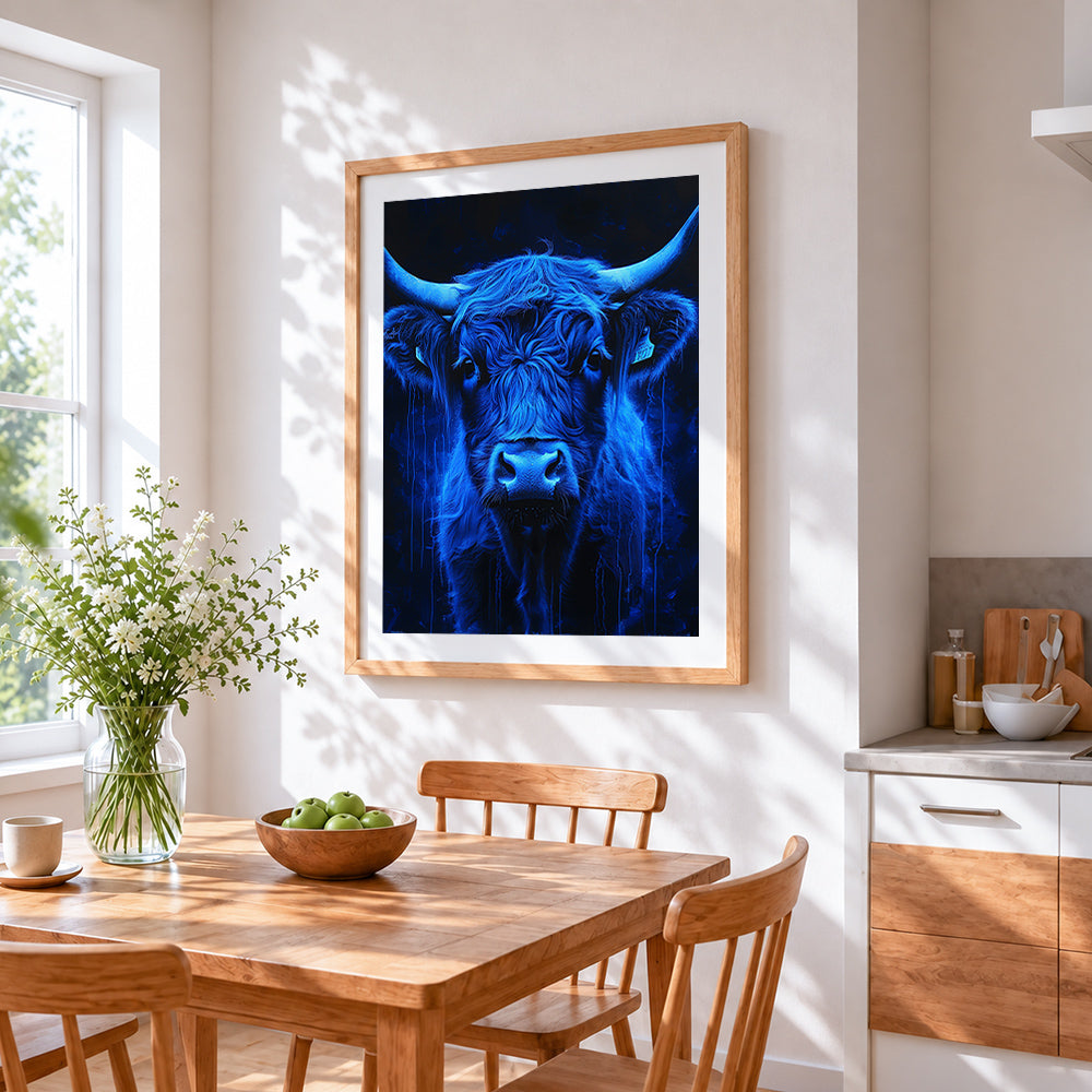 Neon blue highland cow paint by numbers artwork displayed on wall as home decor