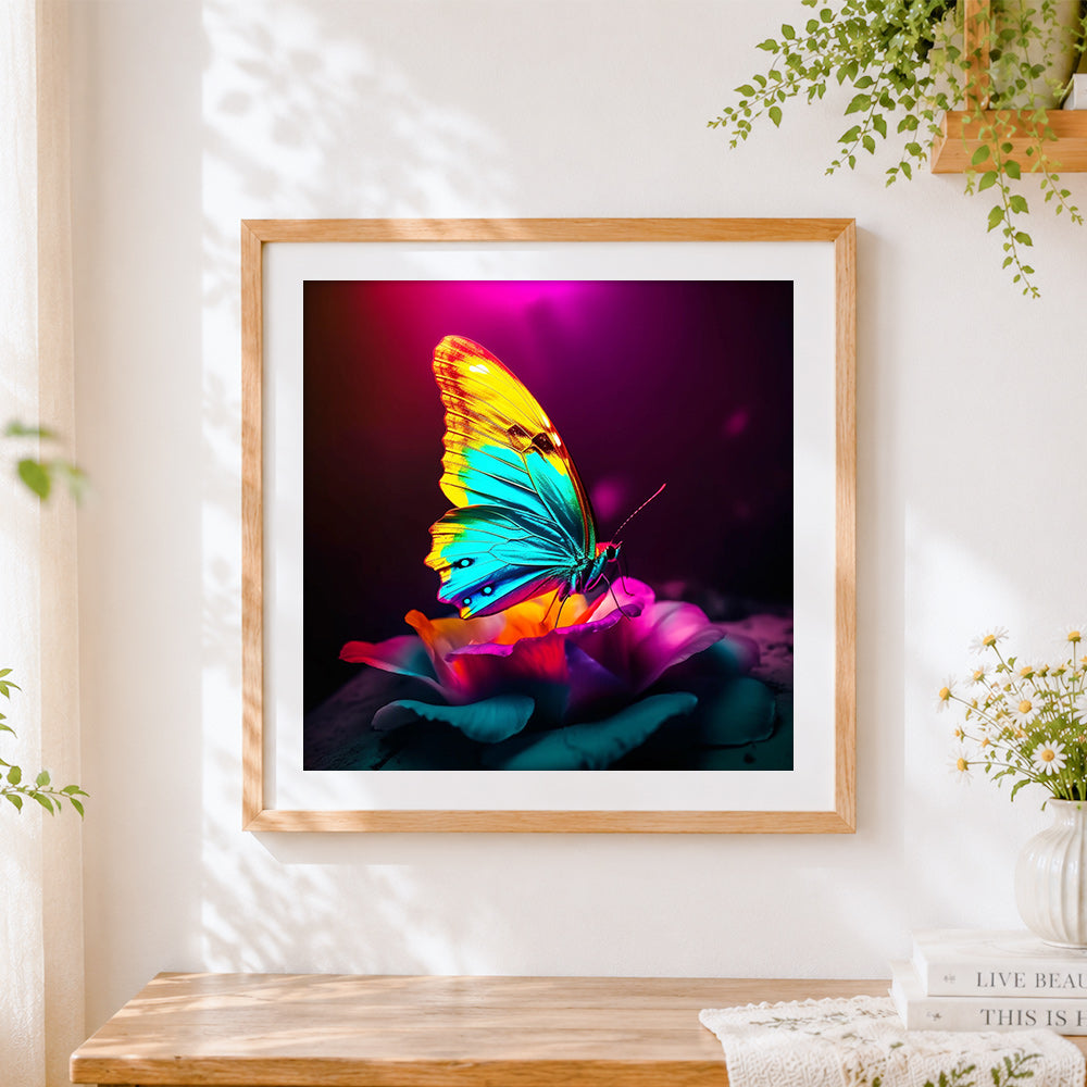 Finished neon butterfly on a flower cross stitch artwork displayed