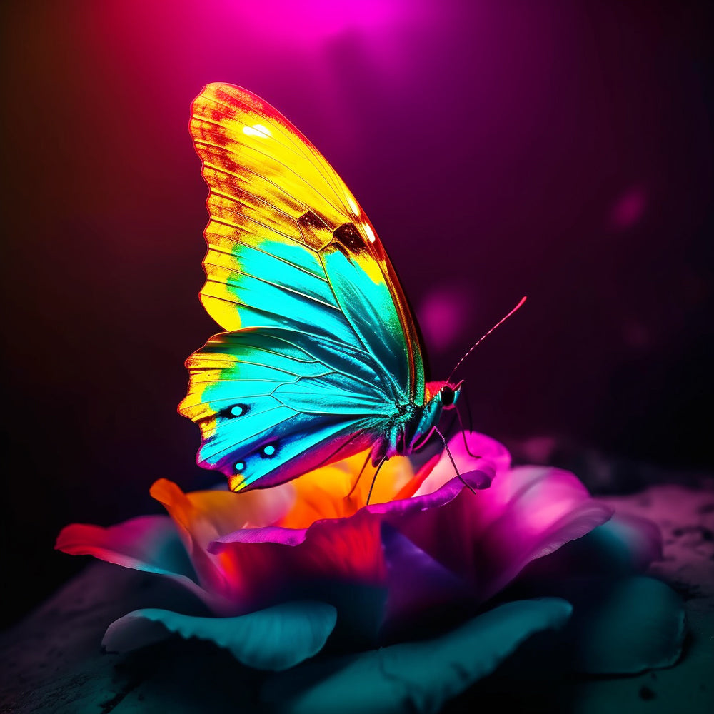 Neon butterfly on a flower cross stitch kit for beginners
