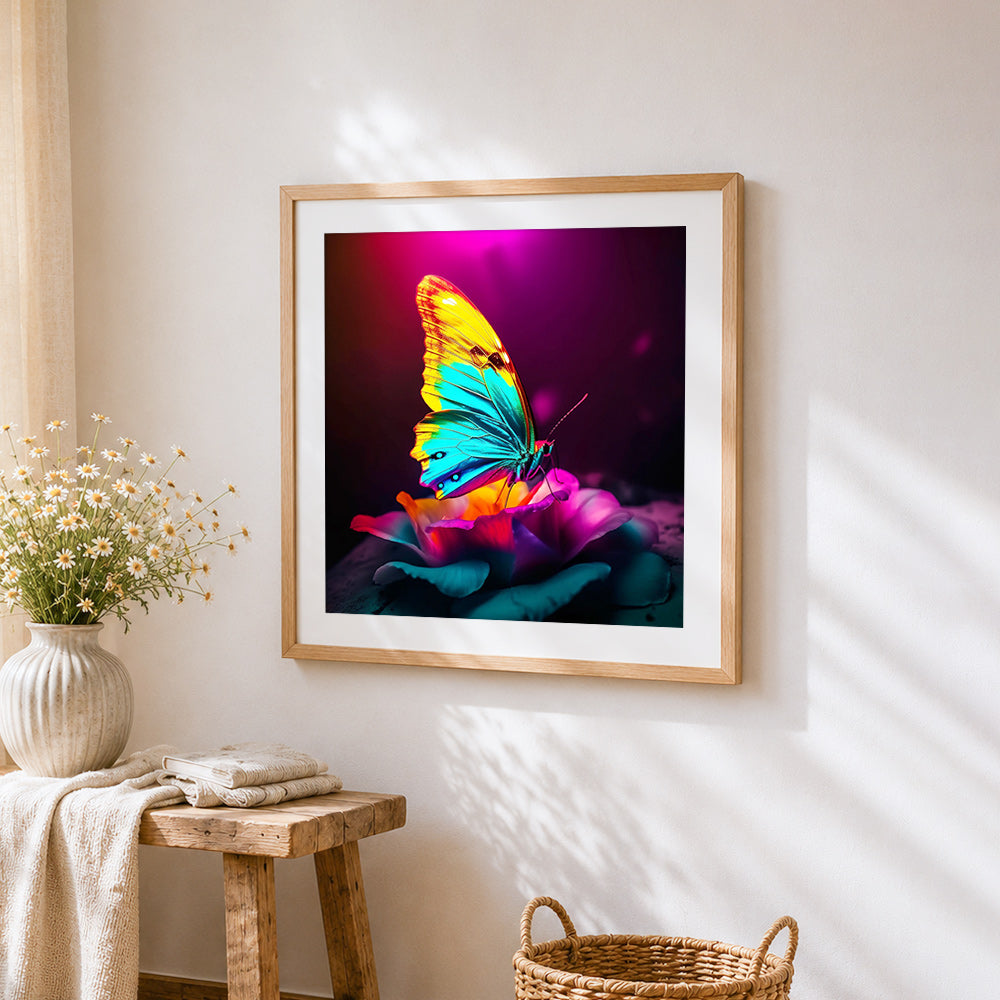Neon butterfly on a flower cross stitch artwork displayed on wall as home decor
