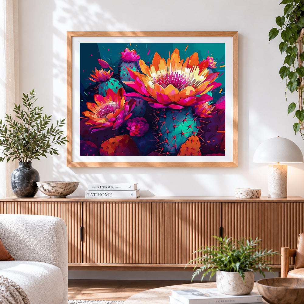 Finished neon cactus flowers cross stitch artwork displayed