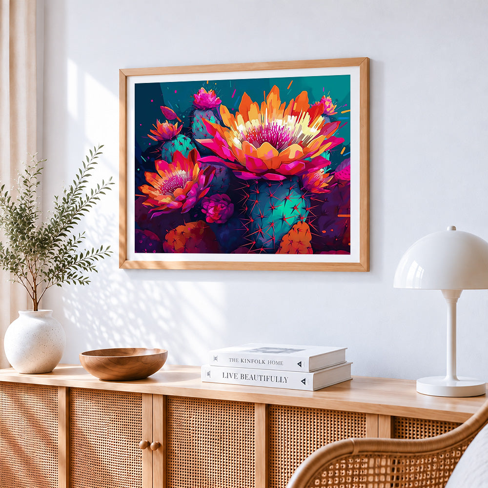 Neon cactus flowers cross stitch artwork displayed on wall as home decor