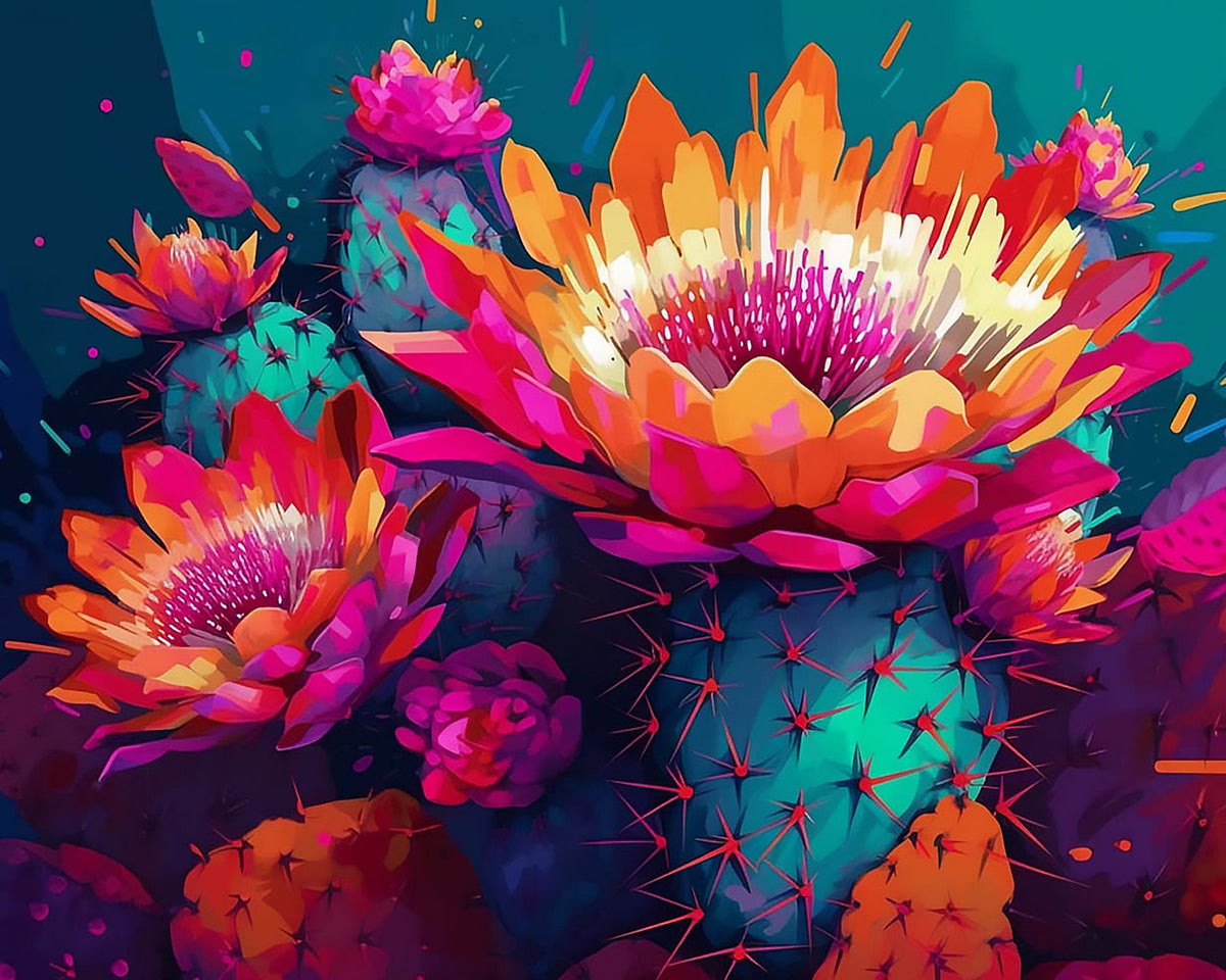 Neon cactus flowers paint by numbers kit for beginners