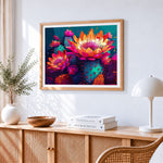 Neon cactus flowers paint by numbers artwork displayed on wall as home decor