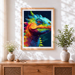 Finished neon chameleon portrait paint by numbers artwork displayed as home decor