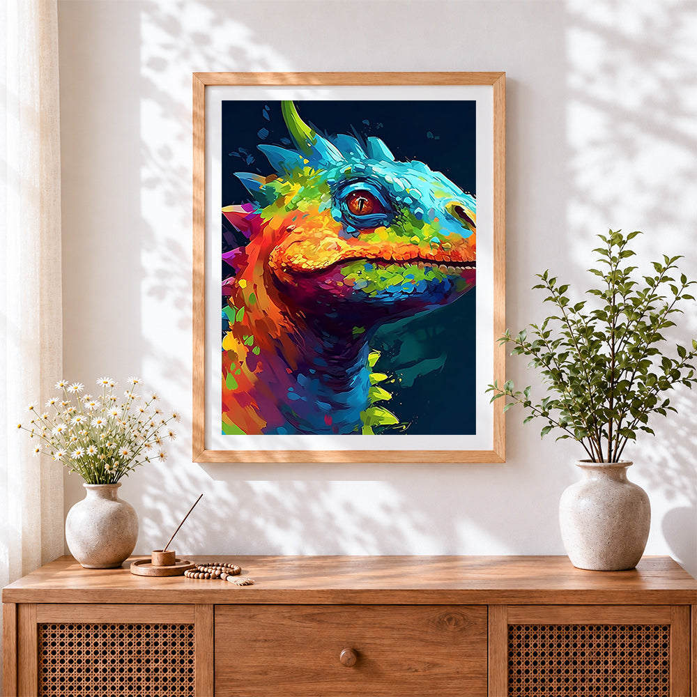 Finished neon chameleon portrait paint by numbers artwork displayed as home decor