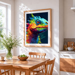 Neon chameleon portrait paint by numbers artwork displayed on wall as home decor