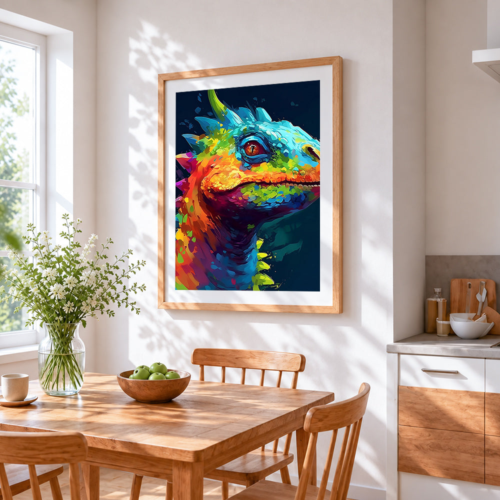 Neon chameleon portrait paint by numbers artwork displayed on wall as home decor