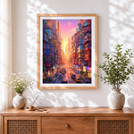 Finished neon city street at sunset cross stitch artwork displayed