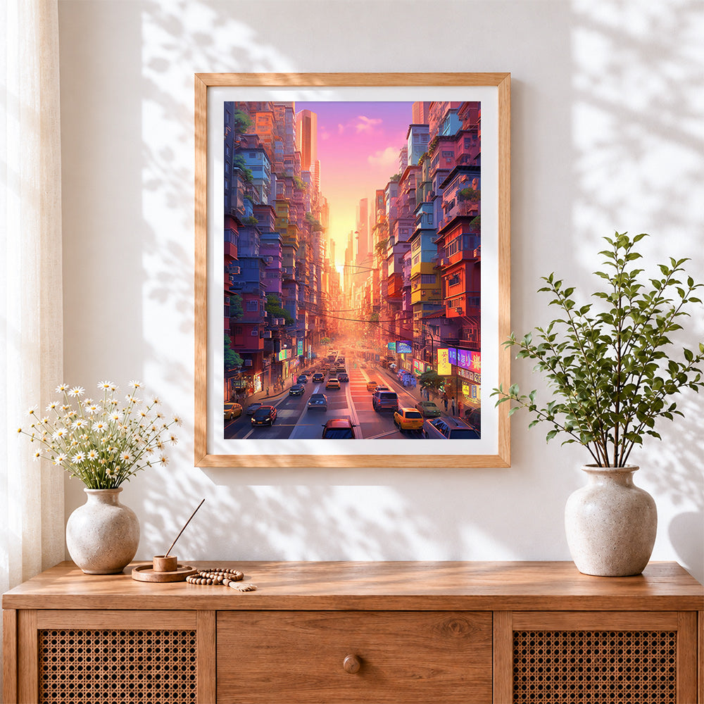 Finished neon city street at sunset cross stitch artwork displayed