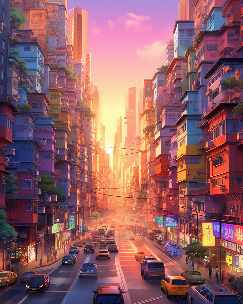 Neon city street at sunset cross stitch kit for beginners