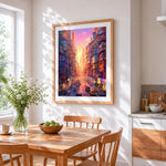 Neon city street at sunset cross stitch artwork displayed on wall as home decor