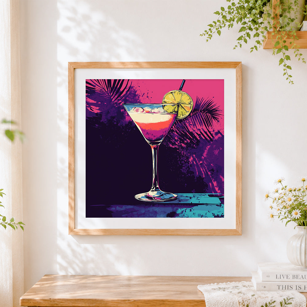 Finished neon cocktail illustration cross stitch artwork displayed