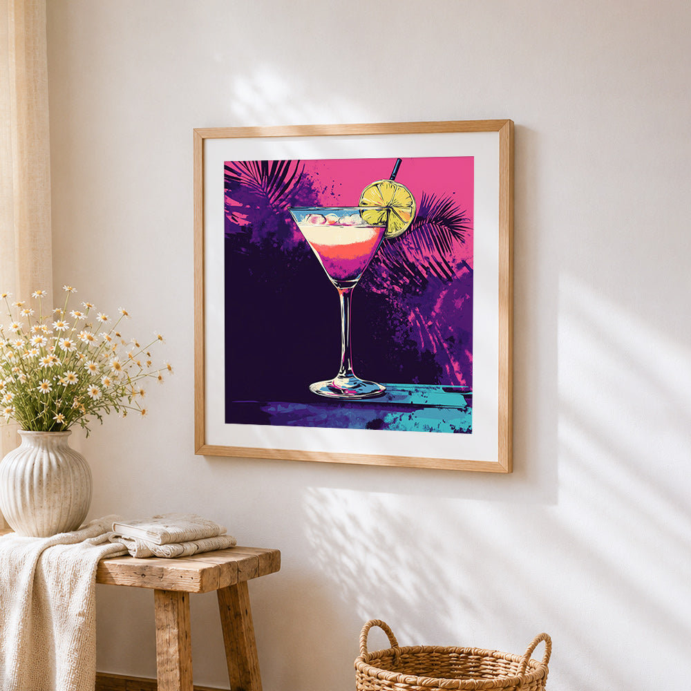 Neon cocktail illustration cross stitch artwork displayed on wall as home decor