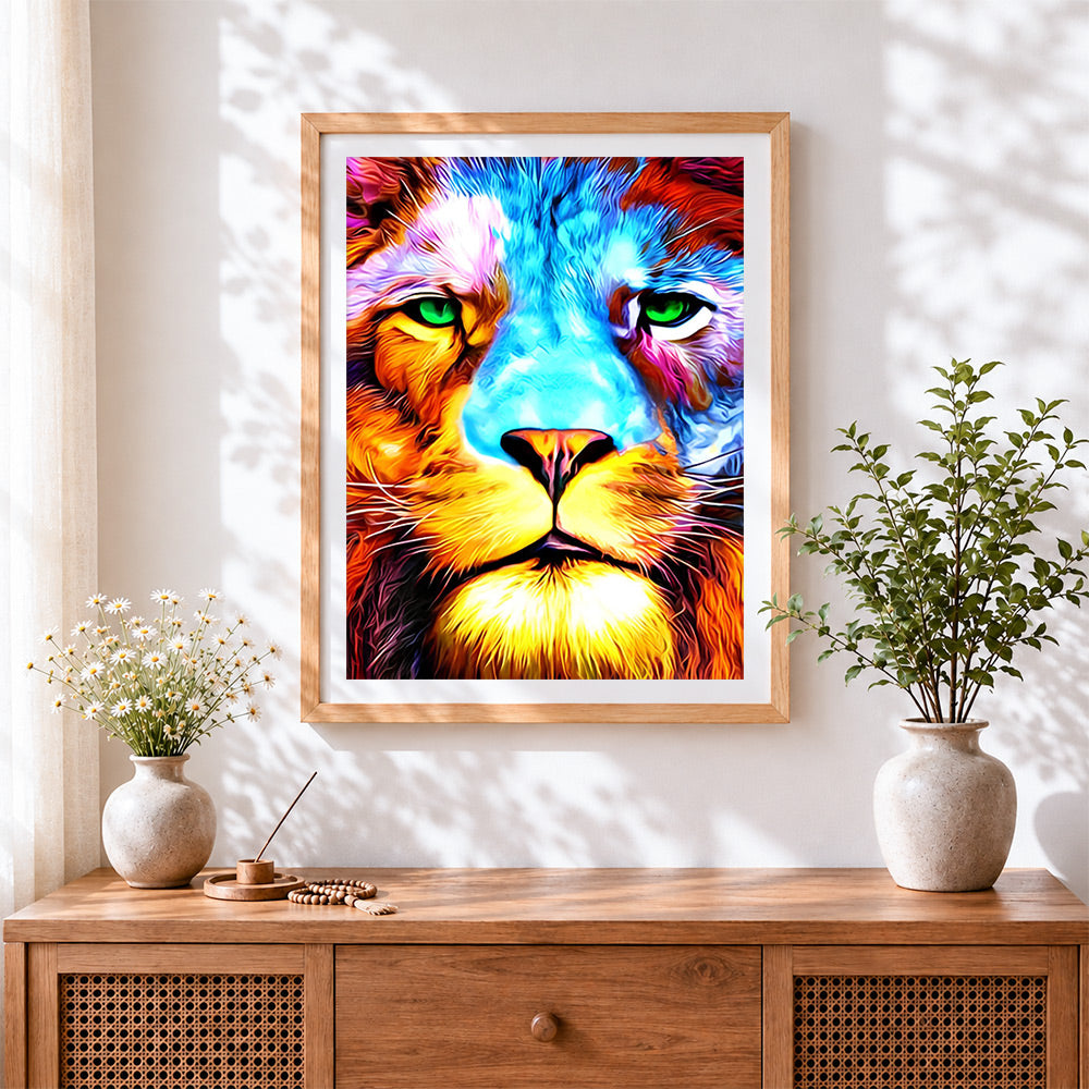 Finished neon colourful lion cross stitch artwork displayed
