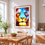 Neon colourful lion cross stitch artwork displayed on wall as home decor