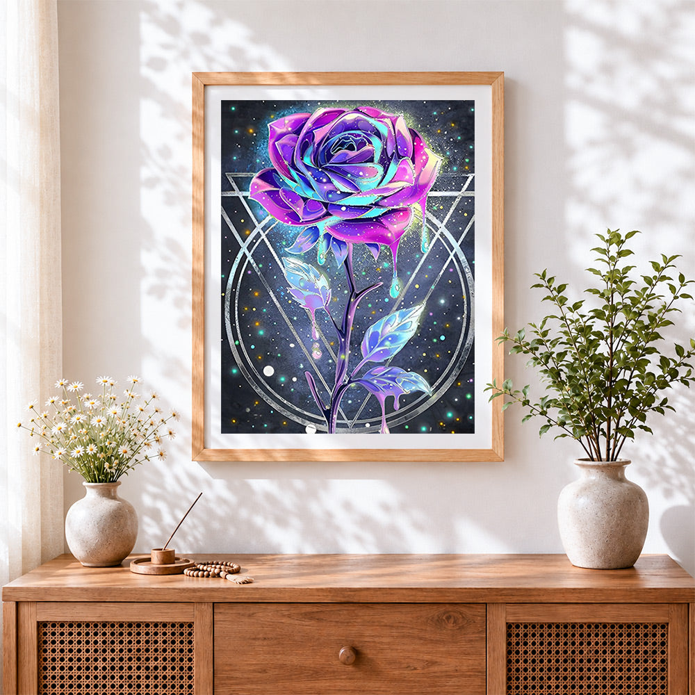 Finished neon crystal rose cross stitch artwork displayed