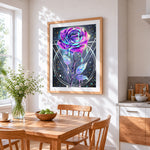 Neon crystal rose cross stitch artwork displayed on wall as home decor