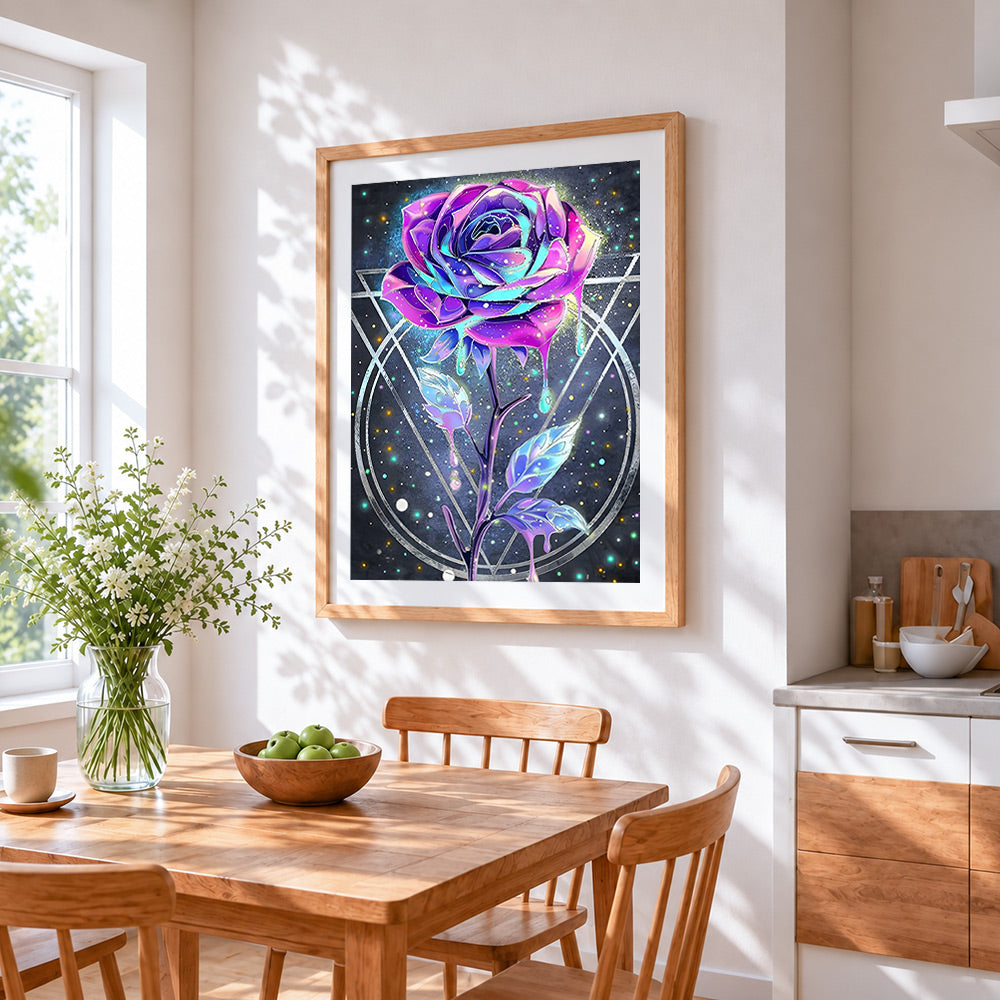 Neon crystal rose paint by numbers artwork displayed on wall as home decor
