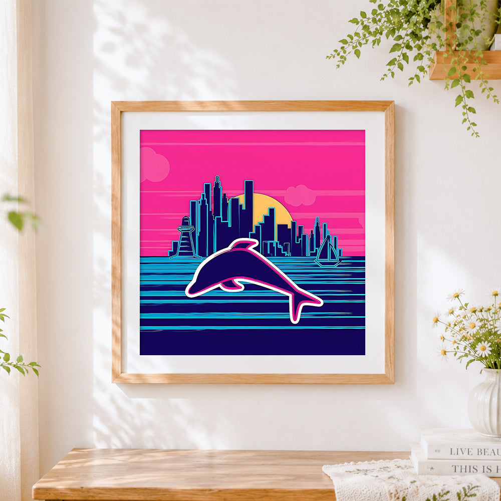 Finished neon dolphin with city skyline cross stitch artwork displayed