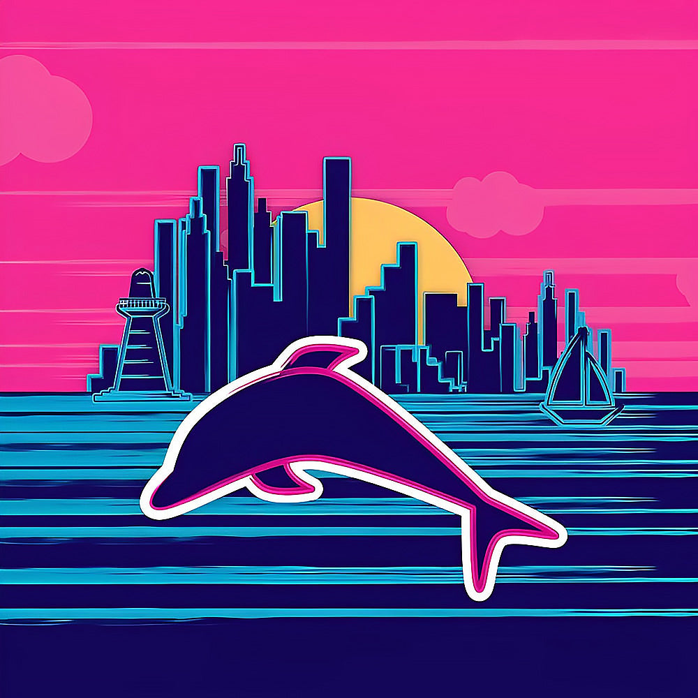 Neon dolphin with city skyline cross stitch kit for beginners