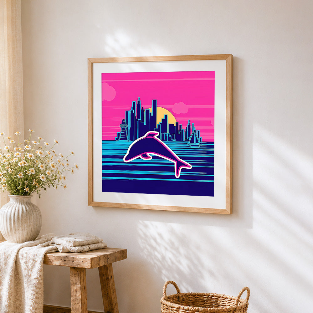 Neon dolphin with city skyline cross stitch artwork displayed on wall as home decor