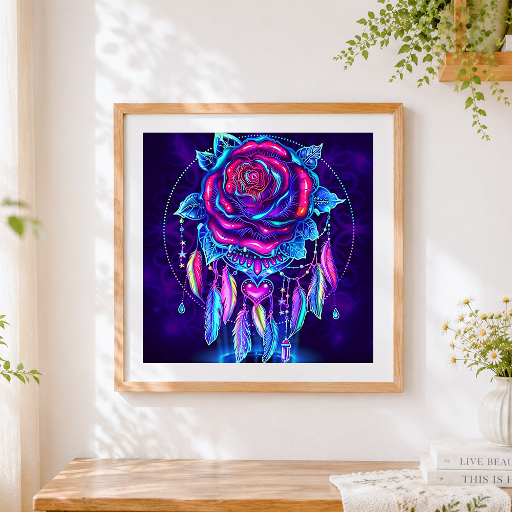 Finished neon dreamcatcher rose cross stitch artwork displayed