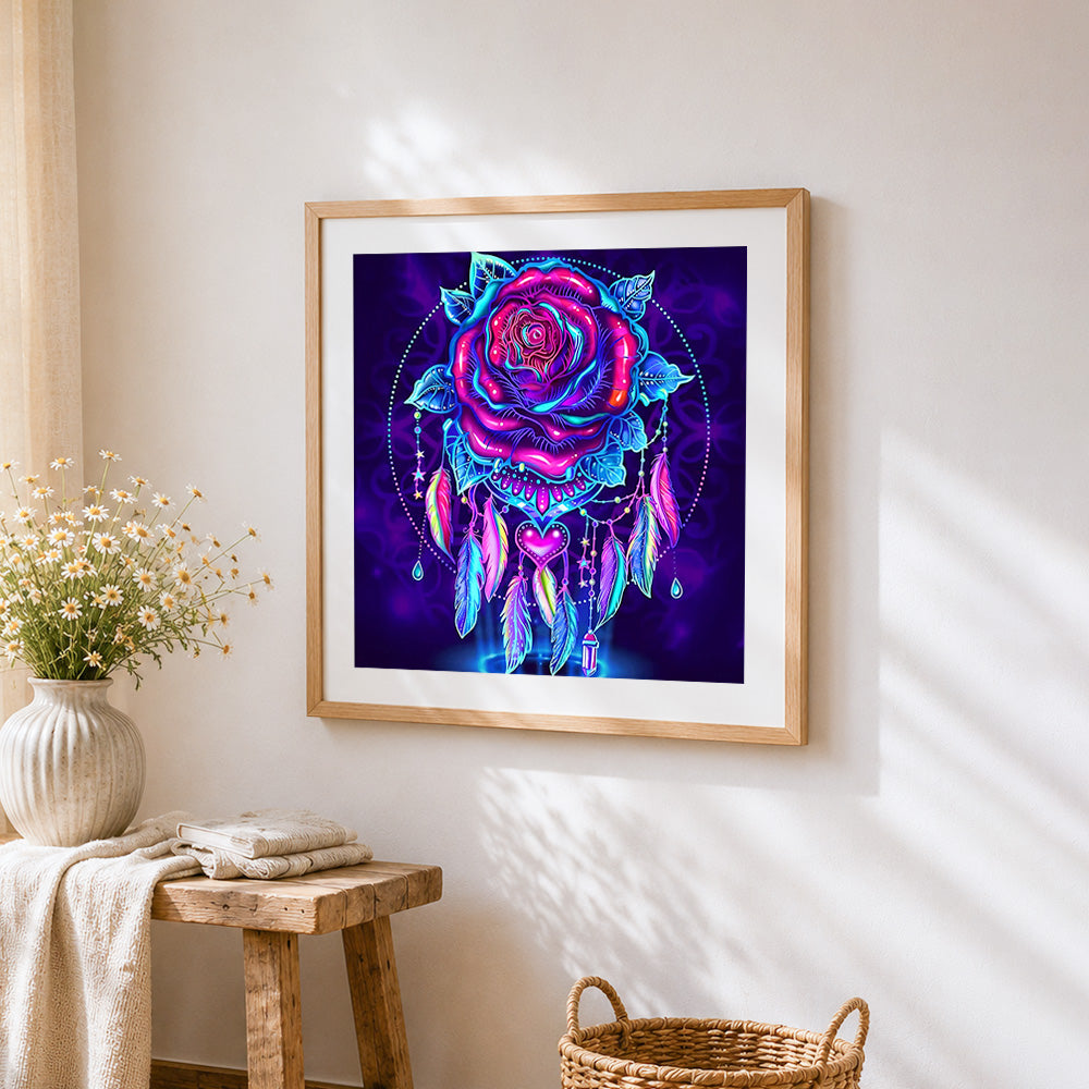 Neon dreamcatcher rose cross stitch artwork displayed on wall as home decor