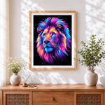 Finished neon galaxy lion cross stitch artwork displayed