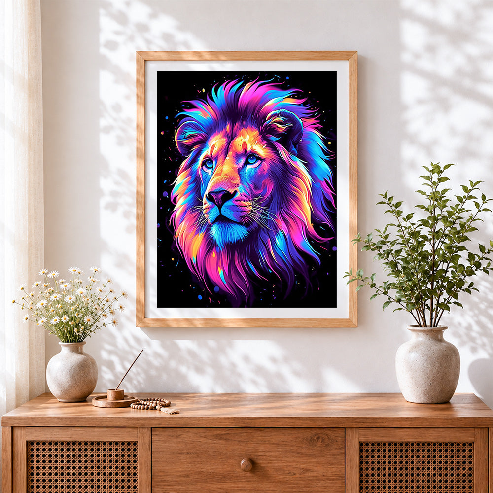 Finished neon galaxy lion cross stitch artwork displayed