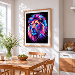 Neon galaxy lion cross stitch artwork displayed on wall as home decor