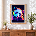 Finished neon galaxy panda cross stitch artwork displayed