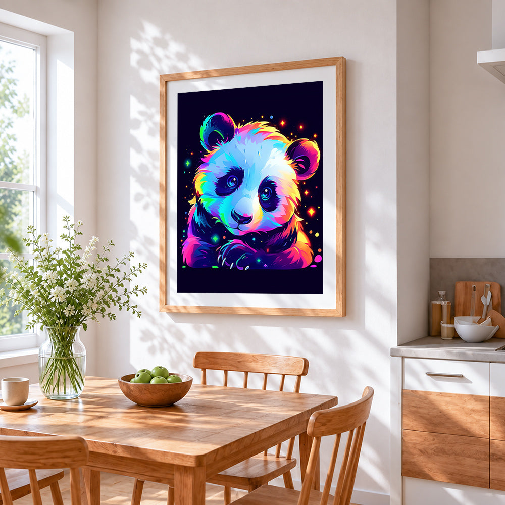 Neon galaxy panda cross stitch artwork displayed on wall as home decor