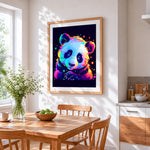 Neon galaxy panda cross stitch artwork displayed on wall as home decor
