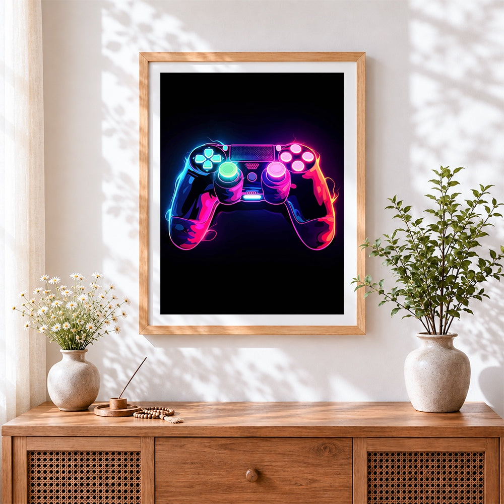 Finished neon gaming controller cross stitch artwork displayed
