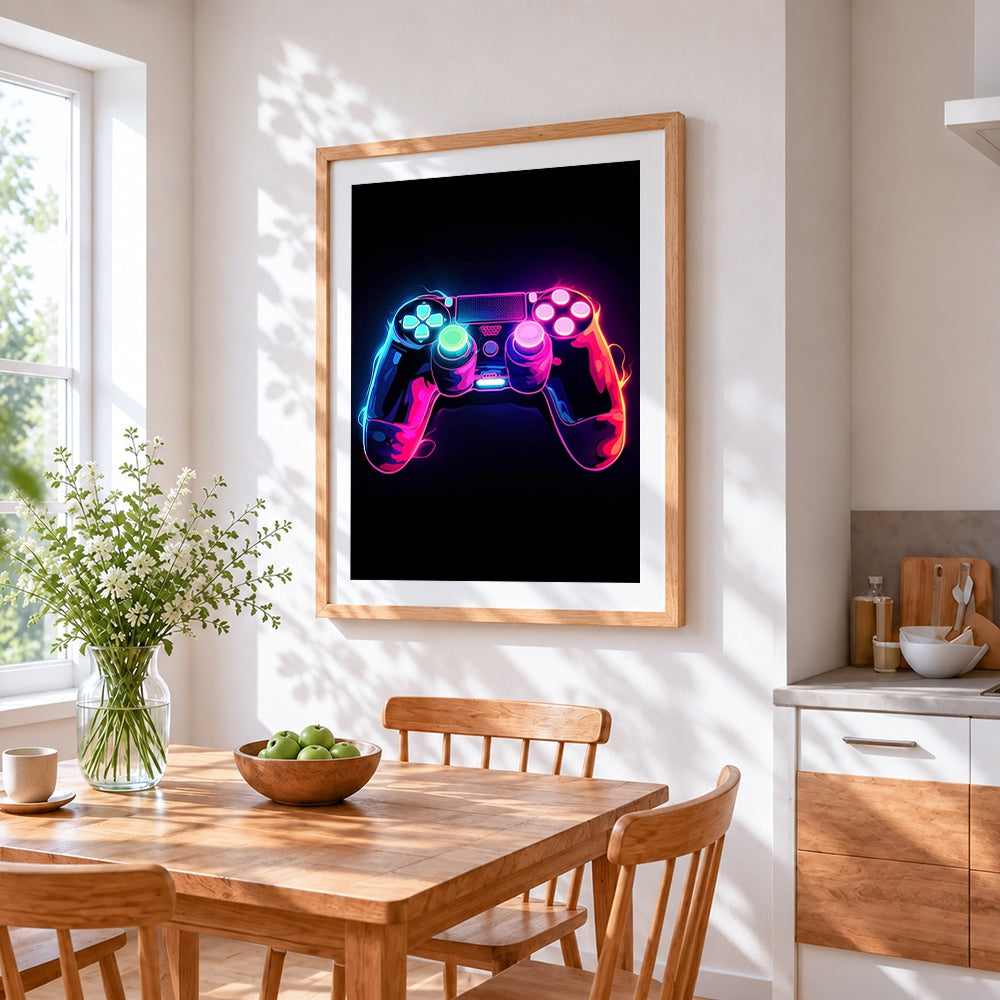 Neon gaming controller cross stitch artwork displayed on wall as home decor