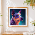 Finished neon geometric australian shepherd cross stitch artwork displayed