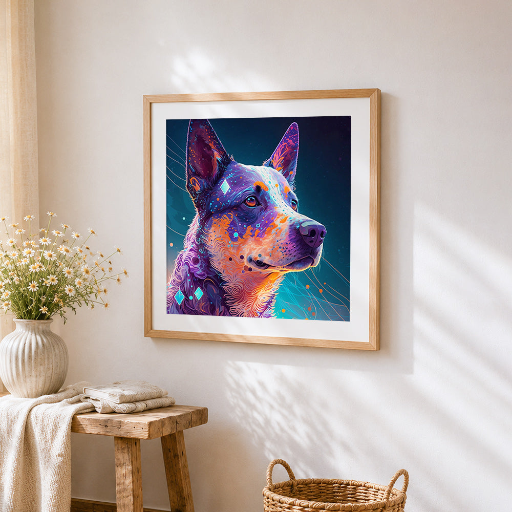 Neon geometric australian shepherd cross stitch artwork displayed on wall as home decor