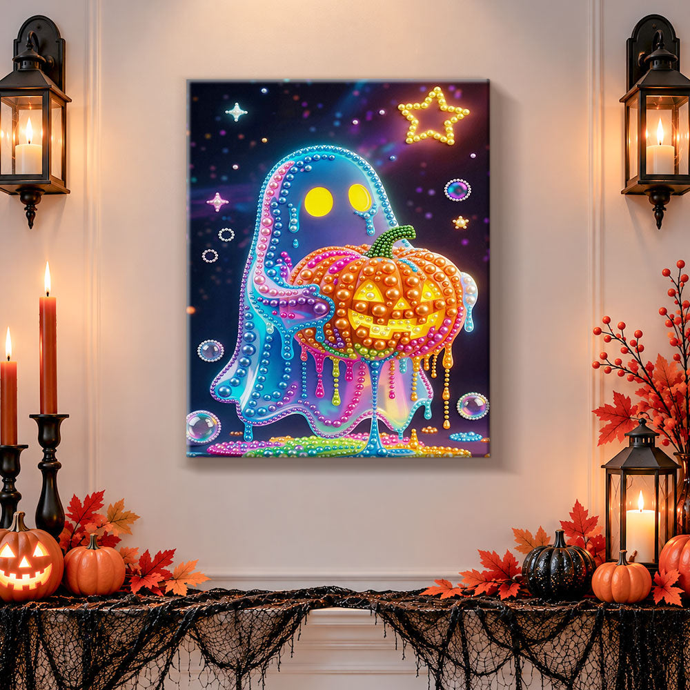 Pearl Diamond Painting Kit - Neon Ghost with Jack‑O‑Lantern