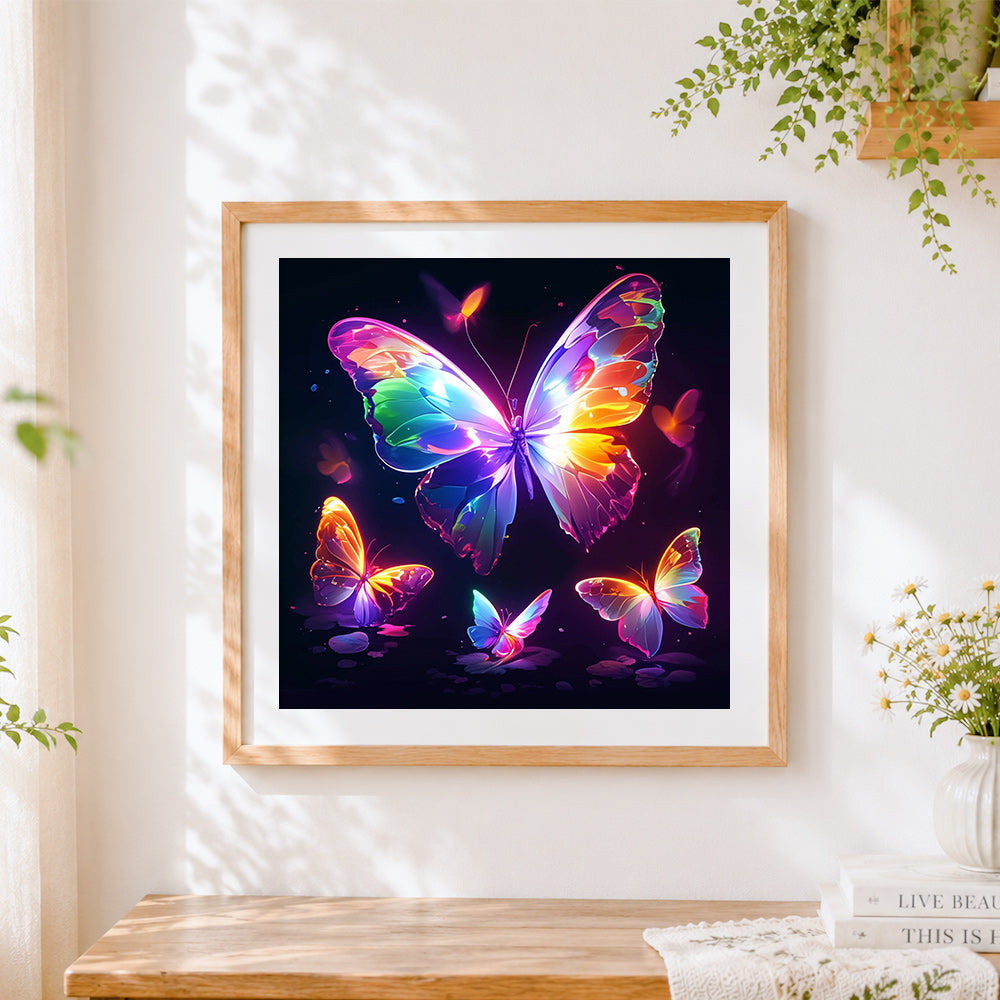 Finished neon glowing butterflies cross stitch artwork displayed