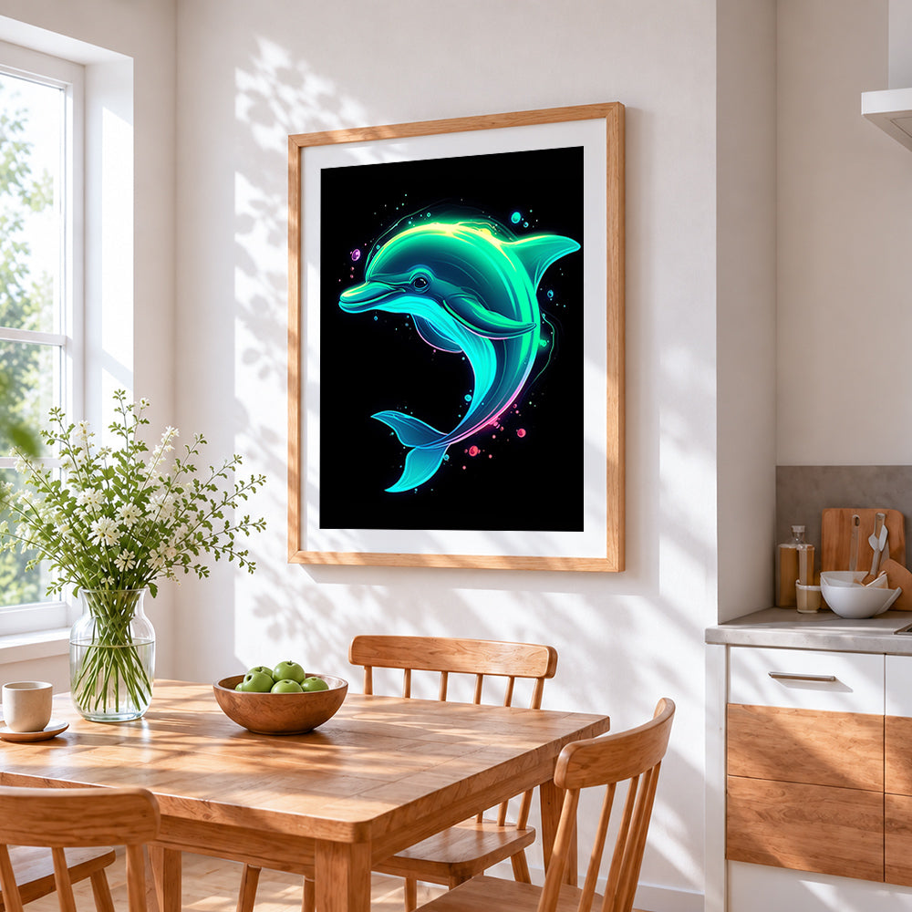 Neon glowing dolphin cross stitch artwork displayed on wall as home decor