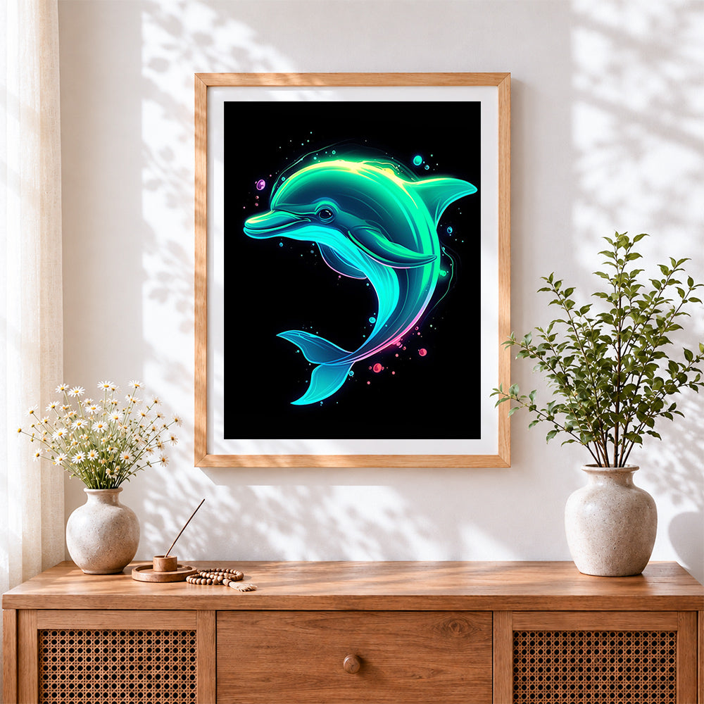 Finished neon glowing dolphin paint by numbers artwork displayed as home decor