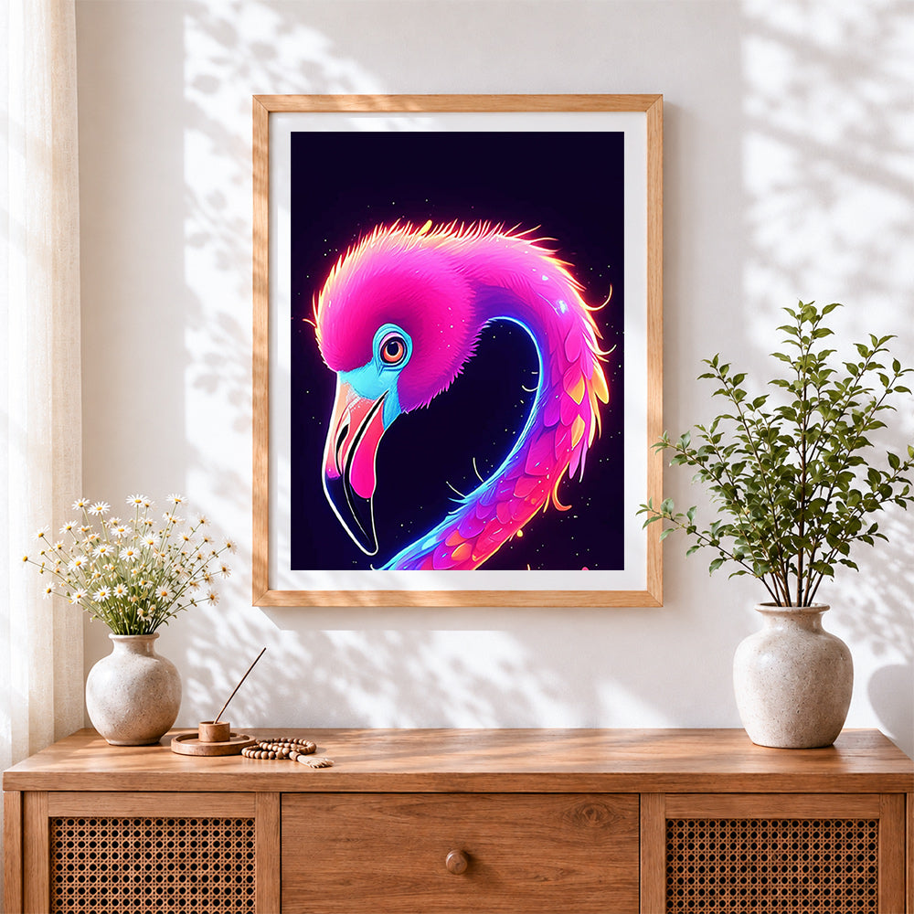 Finished neon glowing flamingo cross stitch artwork displayed