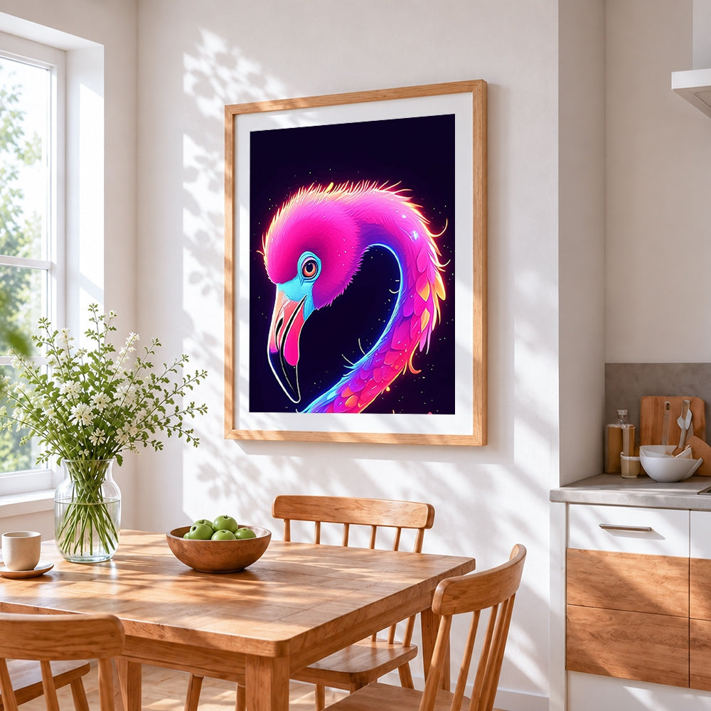Neon glowing flamingo cross stitch artwork displayed on wall as home decor