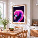 Neon glowing flamingo paint by numbers artwork displayed on wall as home decor