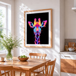 Neon glowing giraffe cross stitch artwork displayed on wall as home decor