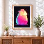 Finished neon glowing guinea pig cross stitch artwork displayed